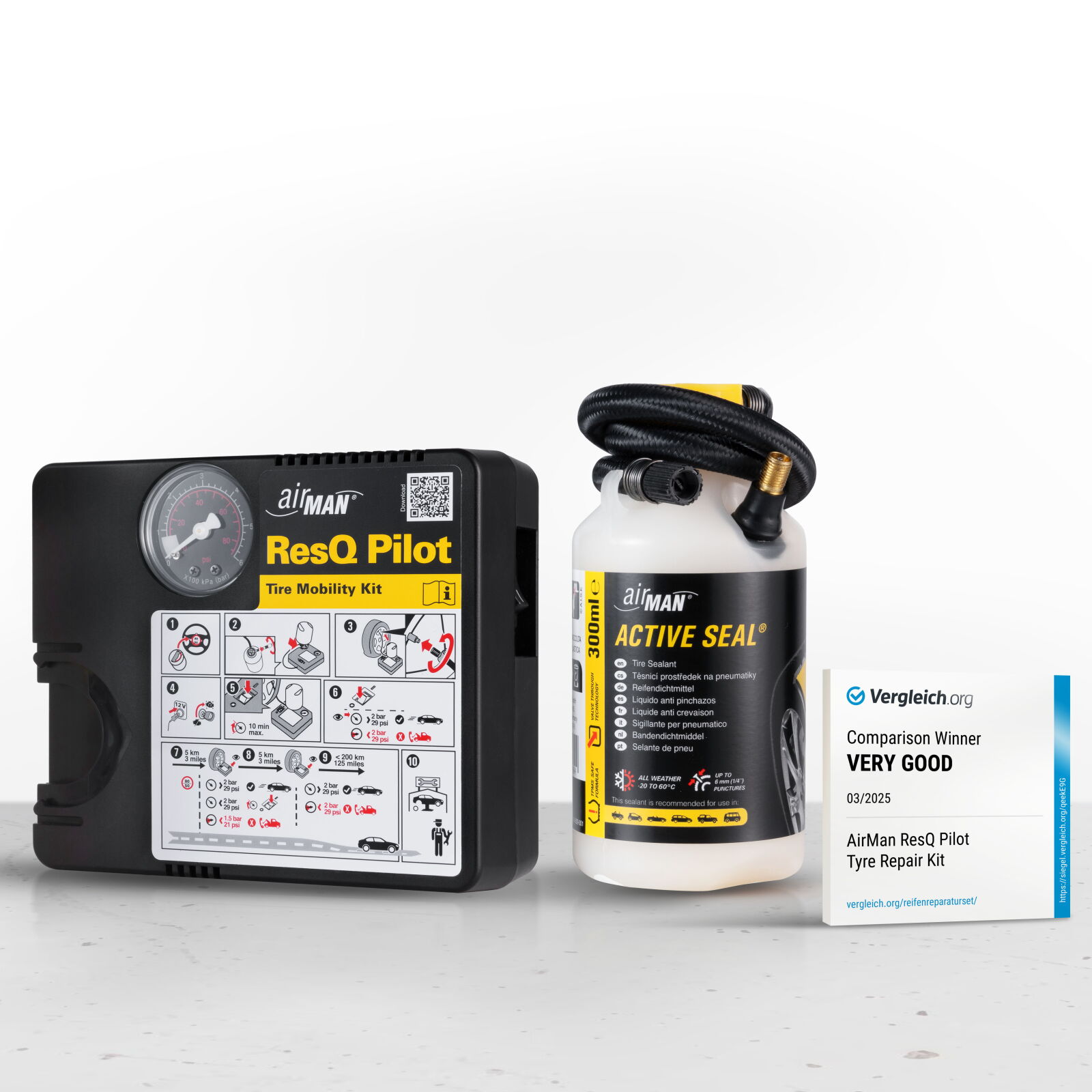 AirMan ResQ Pilot 12V Compressor + 300 ml Tire Sealant - Tire Mobility KIT